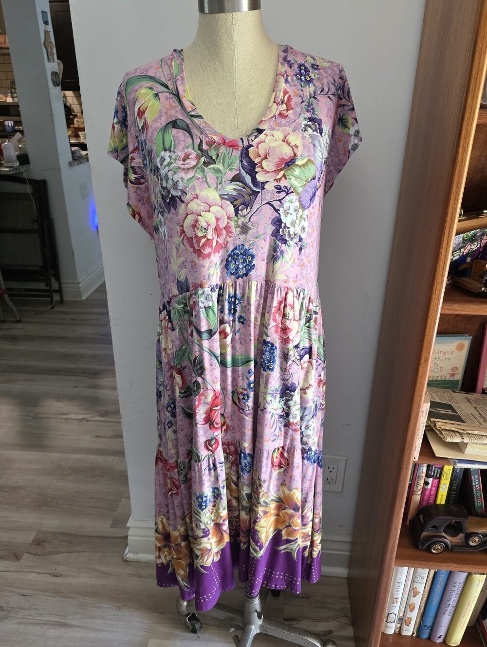 Johnny Was Floral V-Neck Midi Dress in Lavender Pink